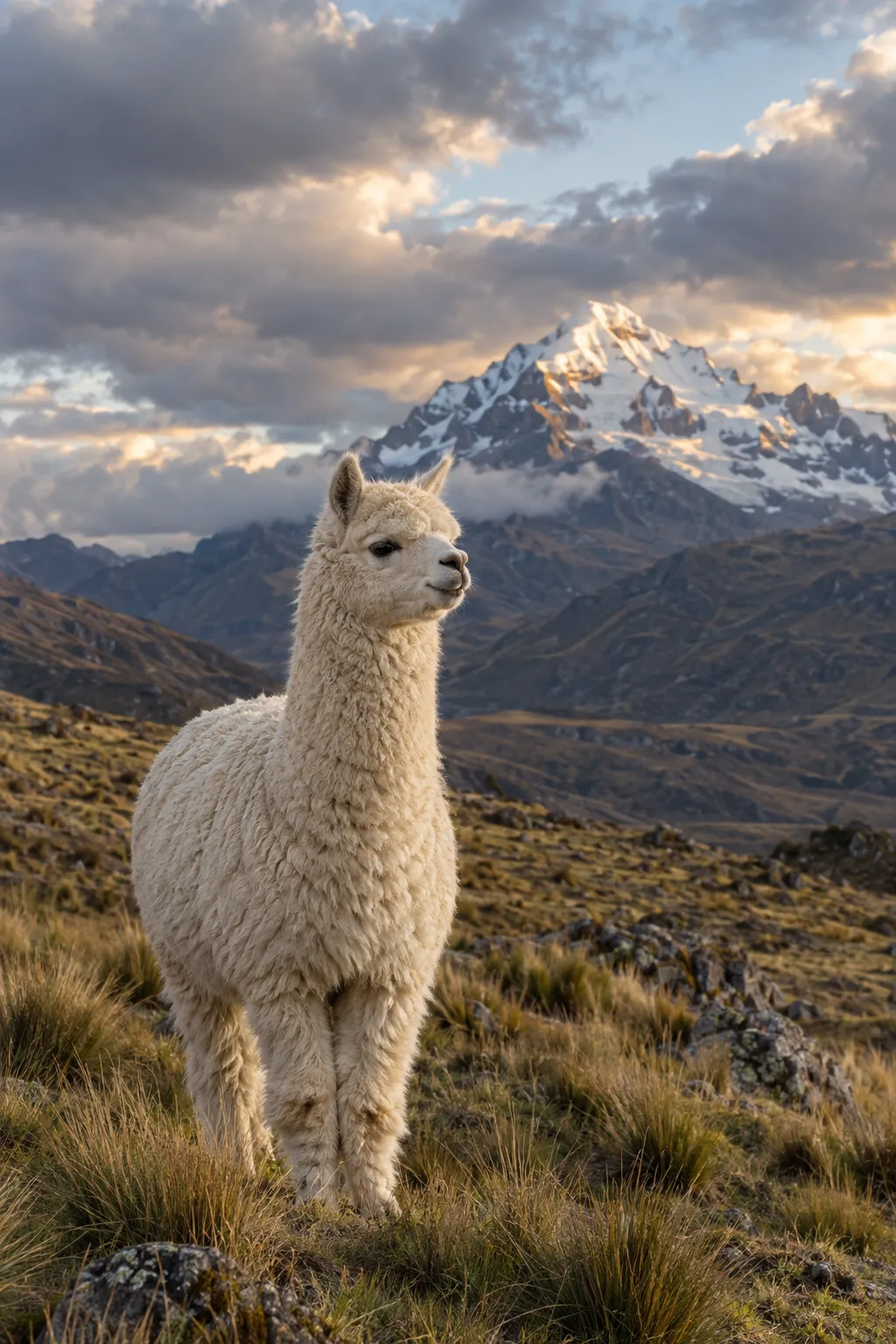 A white alpaca on high Andean grassland with a snow-capped peak behind
