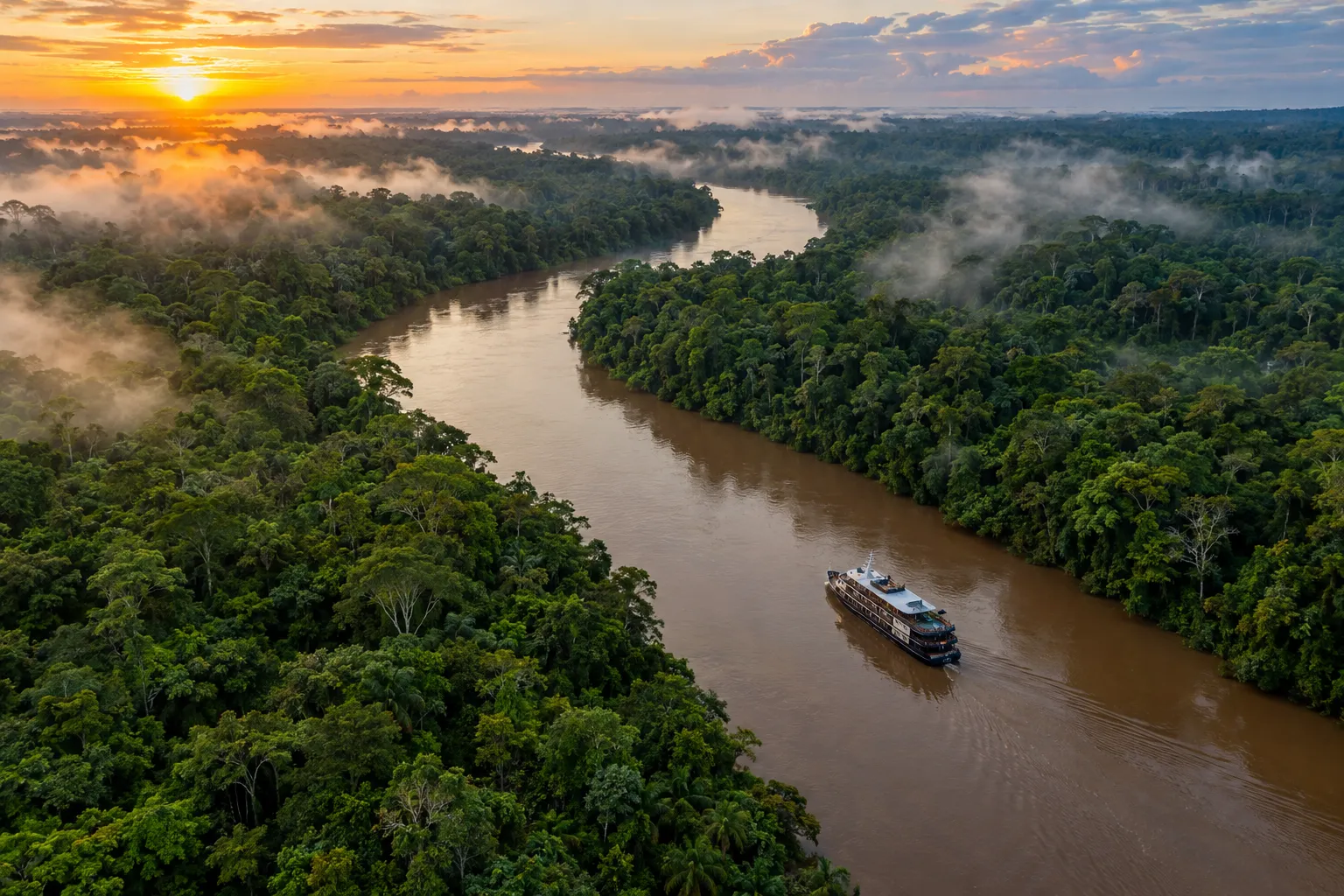 Aerial view of a river cruise ship on a winding Amazon river through misty rainforest at sunrise