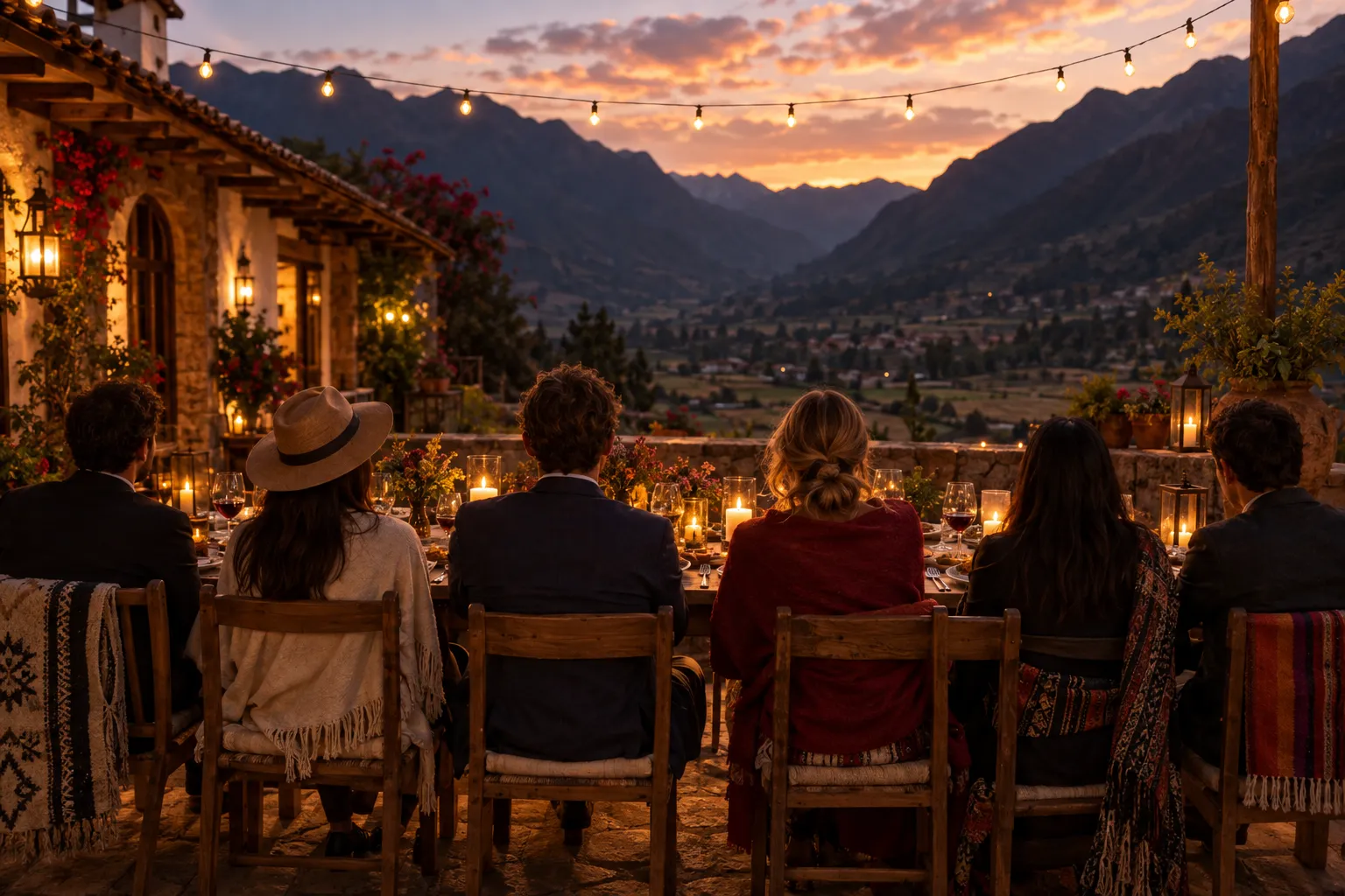 A group sharing a candlelit dinner on a hacienda terrace overlooking the Sacred Valley at dusk