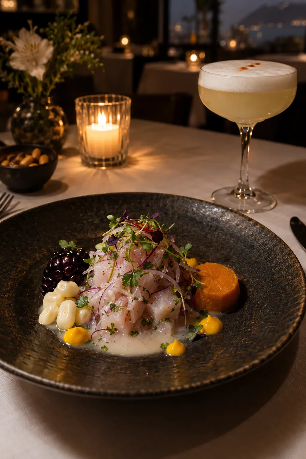 Ceviche plated on dark ceramic beside a pisco sour in a candlelit Lima restaurant