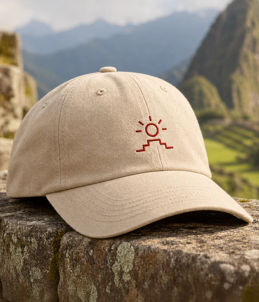 Sand-colored cap with embroidered red sun-and-terraces logo at Machu Picchu