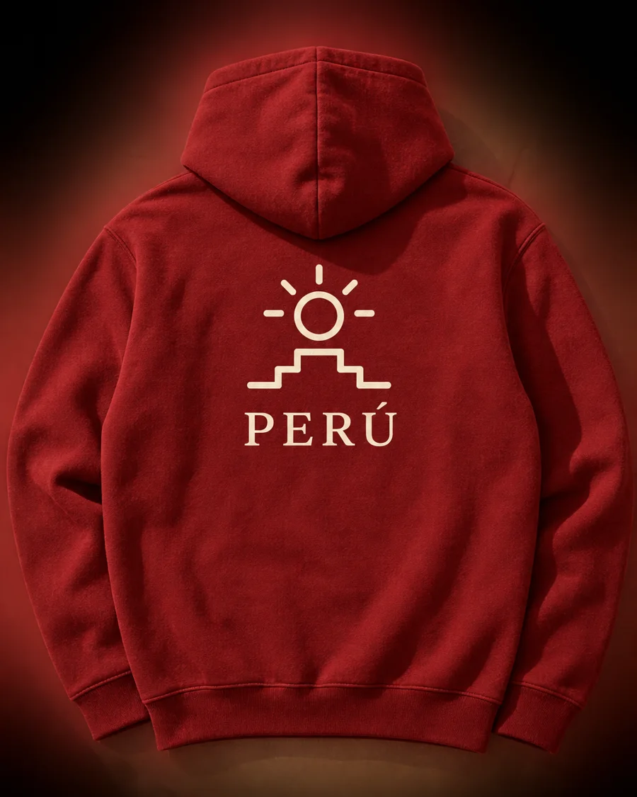 Cochineal-red hoodie with a large cream sun-and-terraces PERÚ print on the back