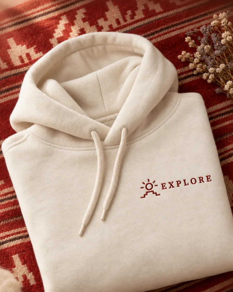 Bone-colored Explore hoodie with embroidered red logo on a Peruvian textile