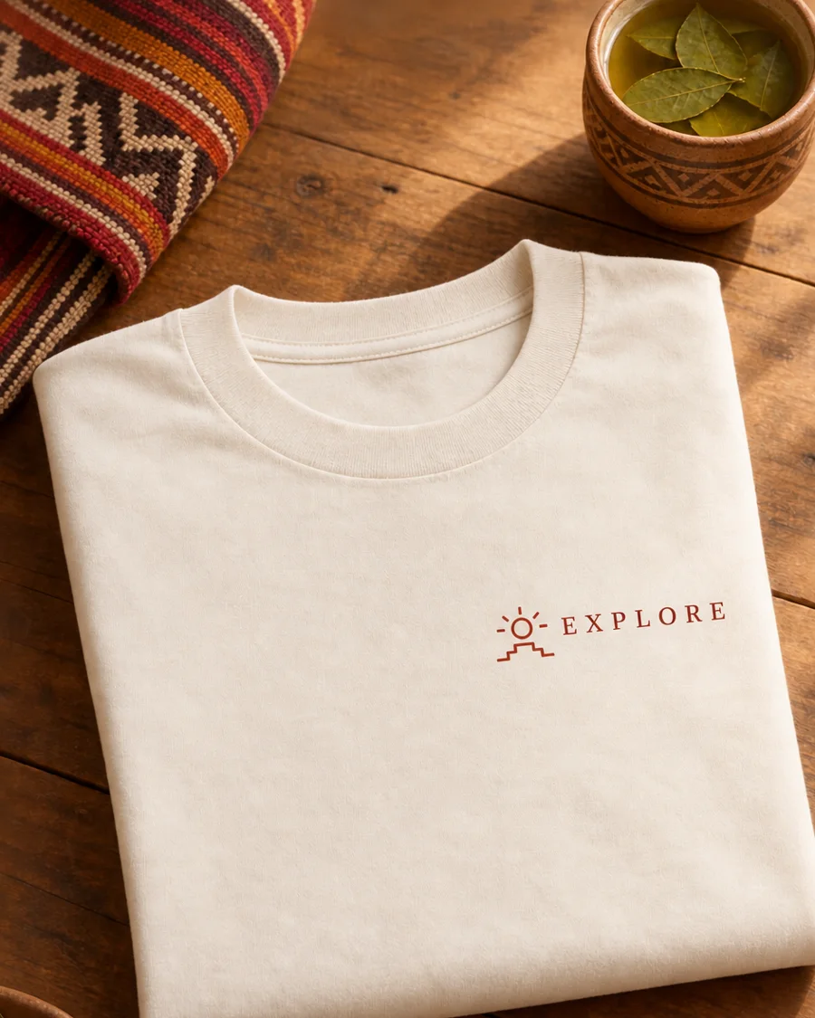 Cream Explore t-shirt folded beside coca tea and an Andean textile