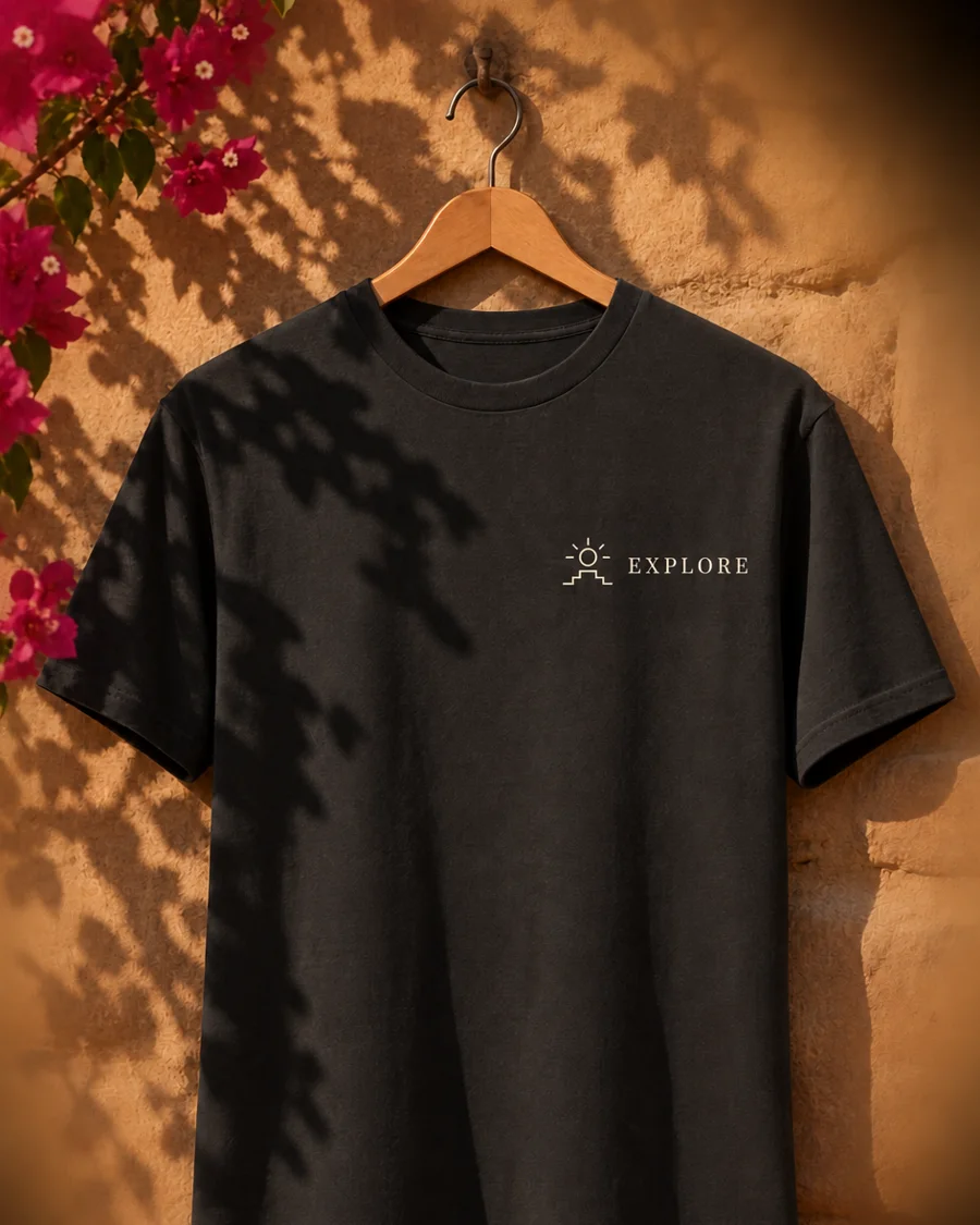 Black Explore t-shirt with cream logo hanging on a sunlit adobe wall