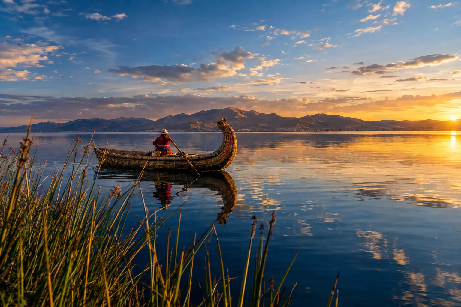 A traditional totora reed boat gliding across Lake Titicaca at golden hour