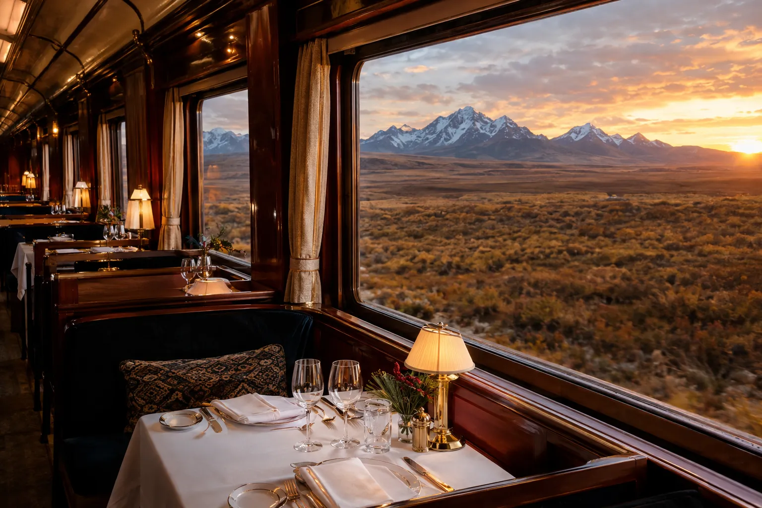 A luxury train dining car with white linen and brass lamps overlooking the golden altiplano at sunset