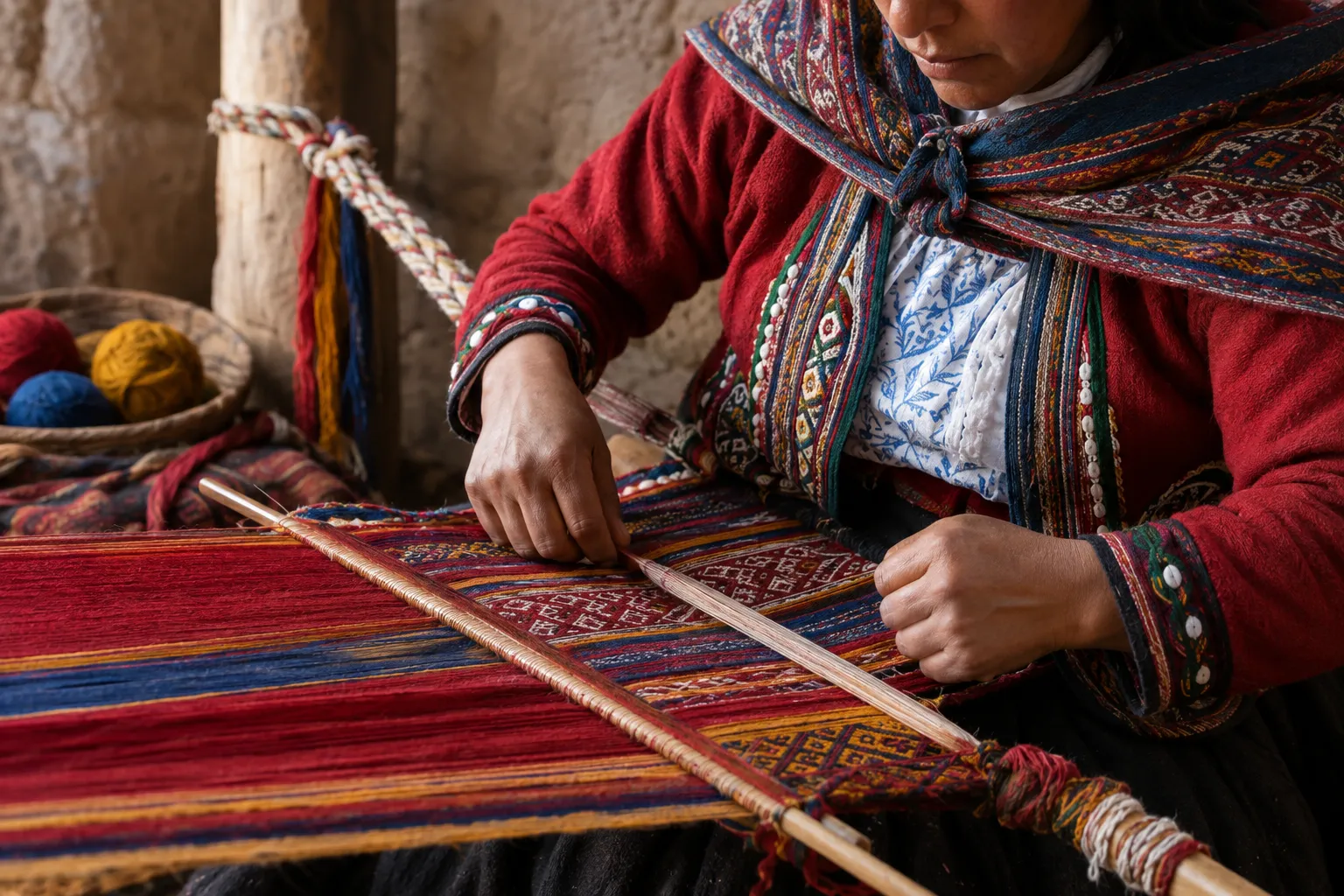An Andean weaver working vivid red, indigo and gold alpaca wool on a backstrap loom